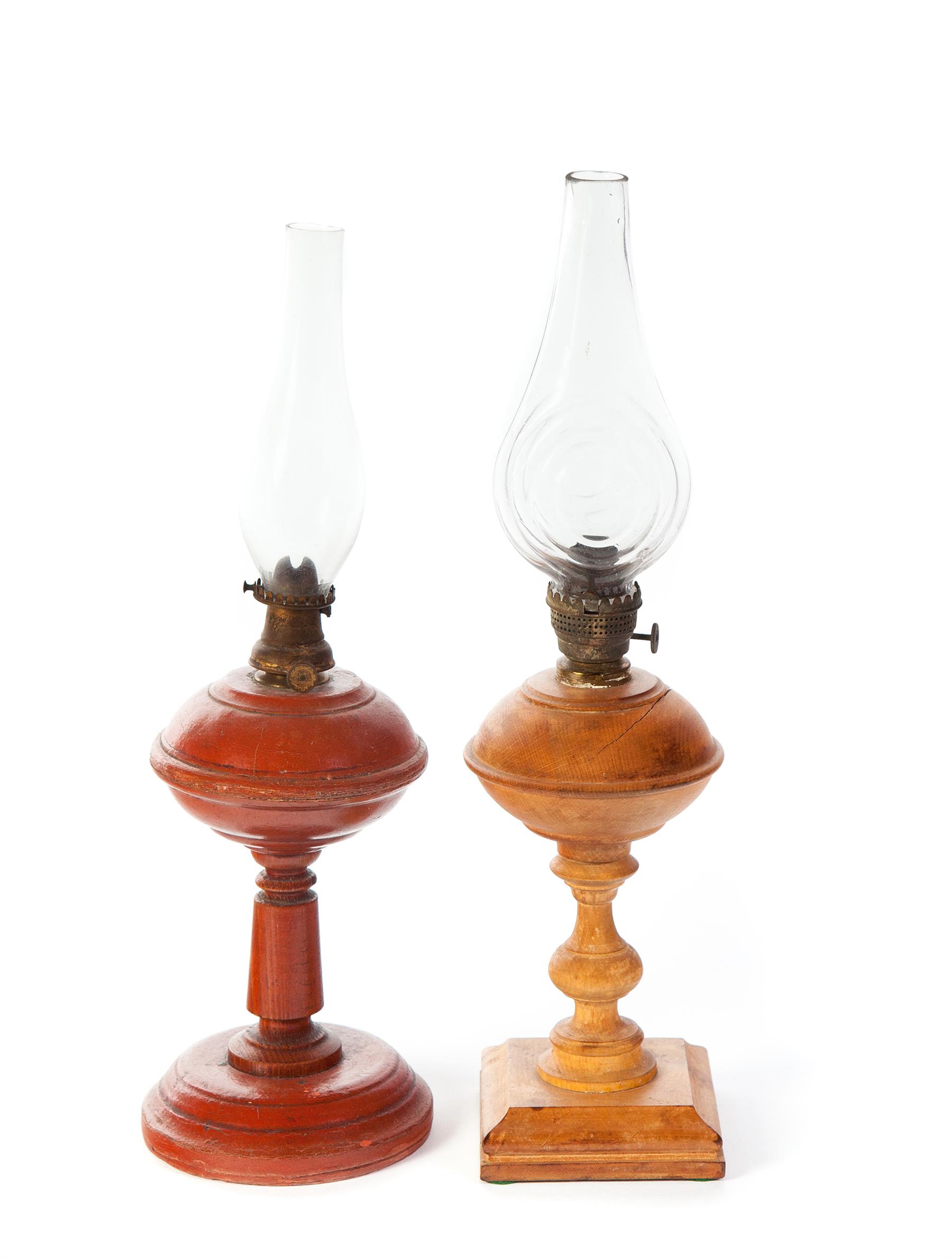 Appraisal: TWO AMERICAN OIL LAMPS Ca Papier mache with old red