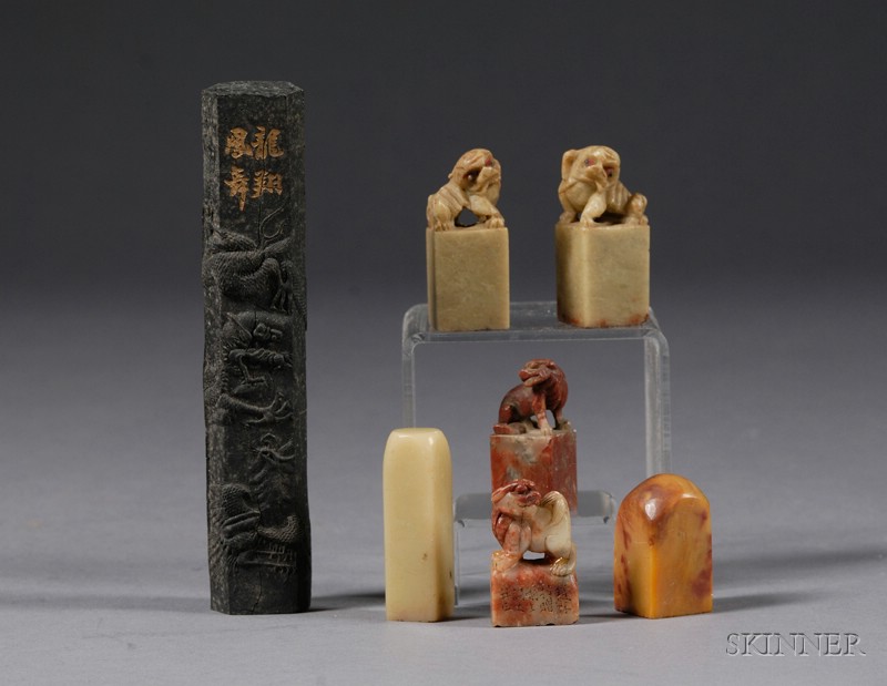 Appraisal: Six Chinese Soapstone Seals four with foo dog finials together