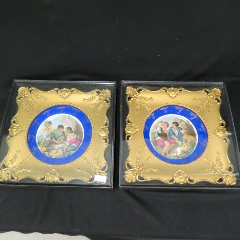 Appraisal: Pair of Framed Porcelain Plates Melon Eaters Dice Players each