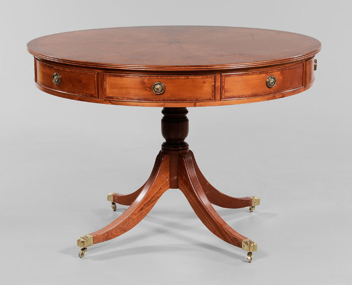 Appraisal: Regency Style Yew Wood Drum Table modern banded and segmented