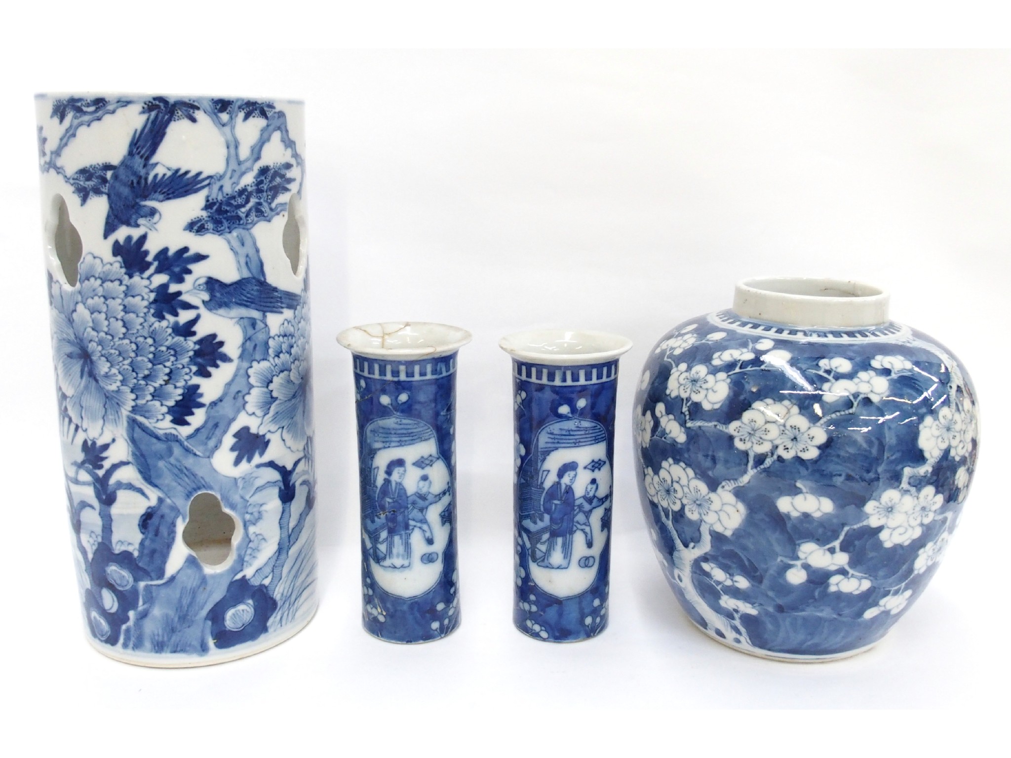 Appraisal: Chinese blue and white prunus vase cylindrical vase and pair