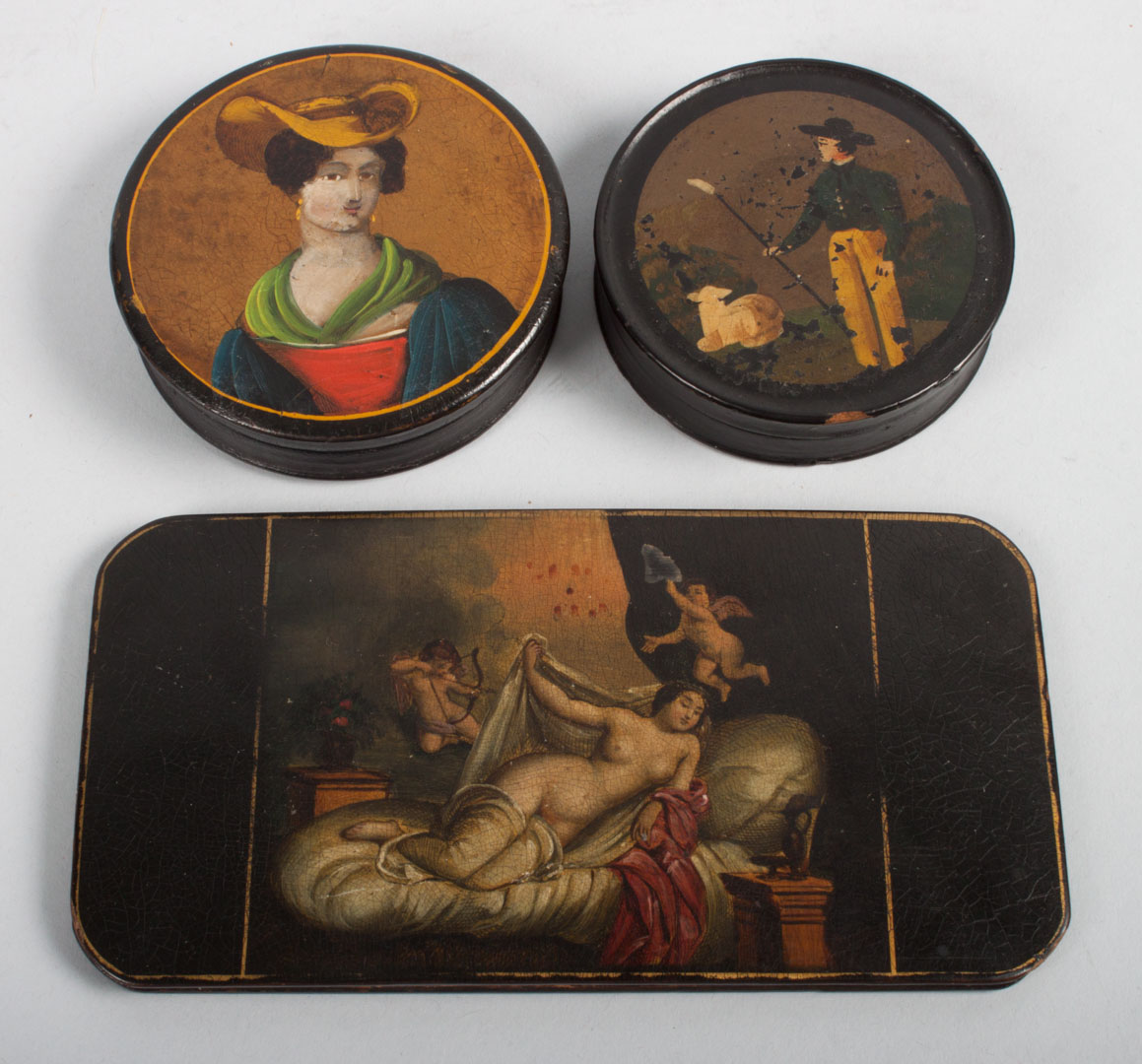 Appraisal: Three Regency lacquered and painted boxes circa two circular snuff