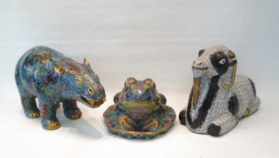 Appraisal: THREE COPPER CLOISONNE ANIMALS depicting a ram a frog and