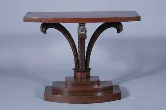 Appraisal: MAHOGANY BOWFRONT PEDESTAL-BASE HALL TABLE Substantial top supported by carved