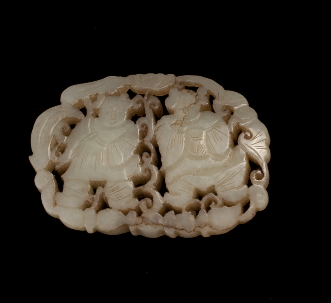 Appraisal: CELADON JADE PENDANT Circa With openwork carving of two youths