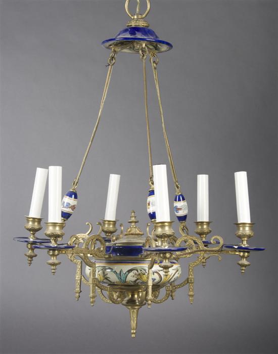 Appraisal: A Gilt Metal and Ceramic Six-Light Chandelier Height inches diameter