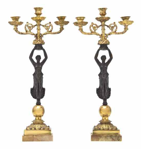 Appraisal: A Pair of Empire Style Gilt and Patinated Bronze Three-Light