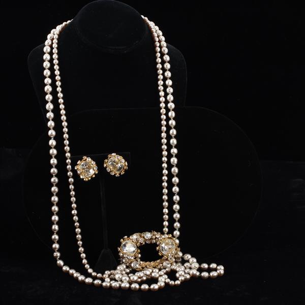 Appraisal: Miriam Haskell pc Rhinestone Faux Pearl Necklace Clip Earrings Fleabites