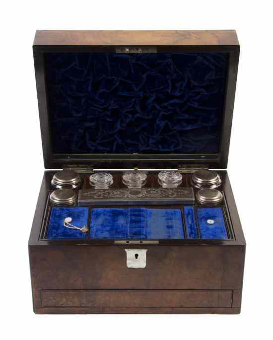 Appraisal: An English Burlwood Lady's Dressing Box of rectangular form the