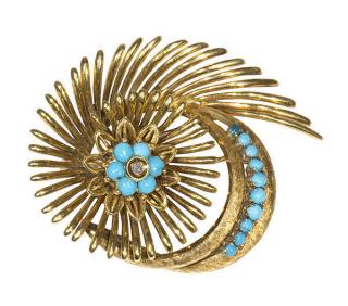 Appraisal: Turquoise diamond and k yellow gold brooch Turquoise diamond and