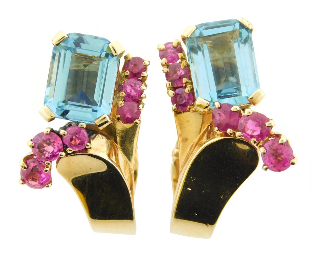 Appraisal: JEWELRY Pair of K Aquamarine and Ruby Retro Earrings with