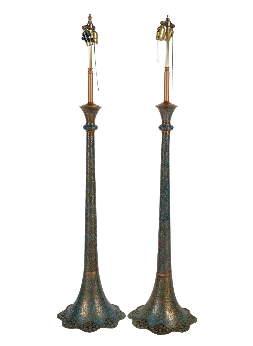 Appraisal: PAIR OF ENAMEL BRASS FLOOR LAMPSeach with two sockets no