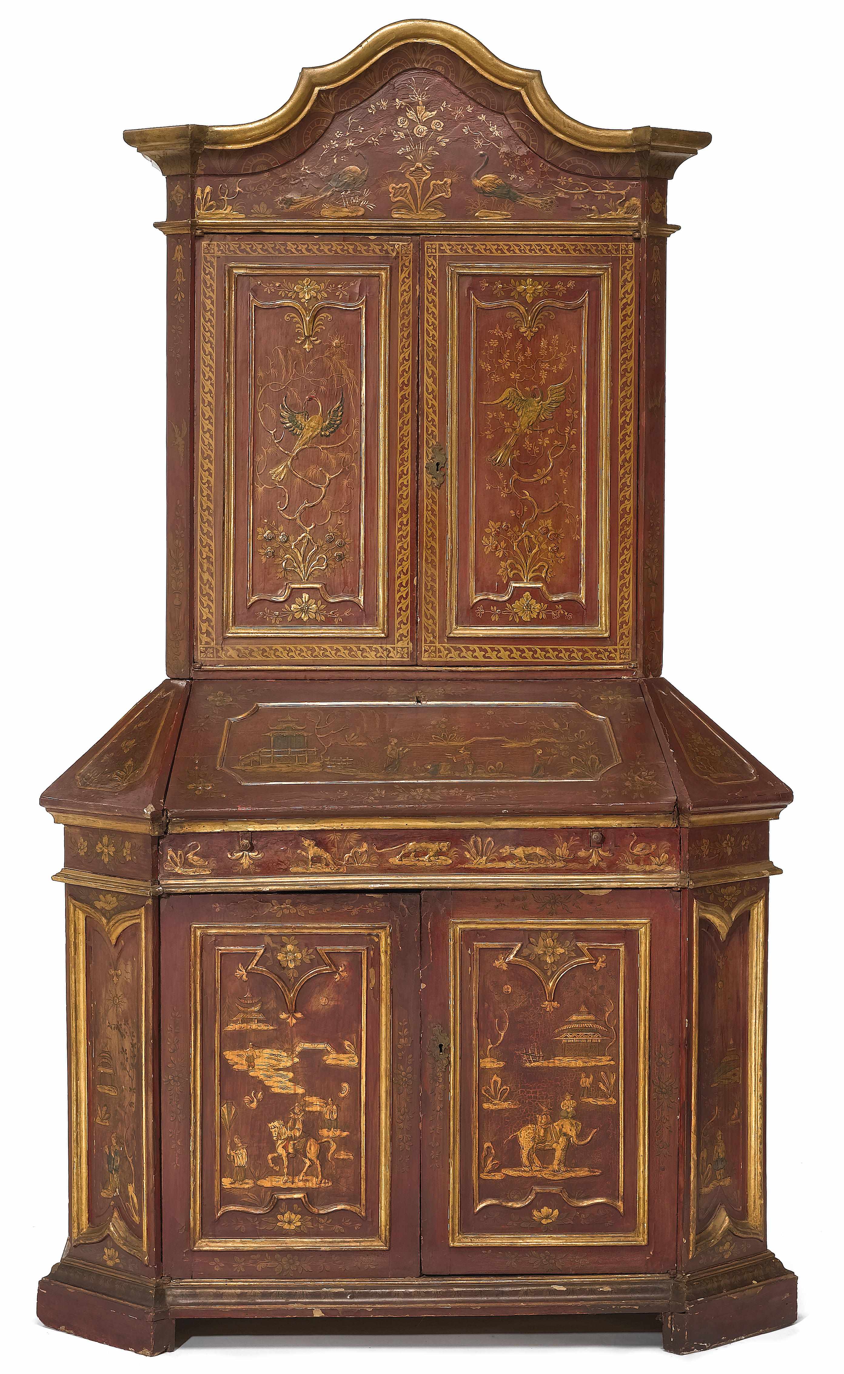 Appraisal: An Italian Baroque and later scarlet lacquered secretary cabinet late