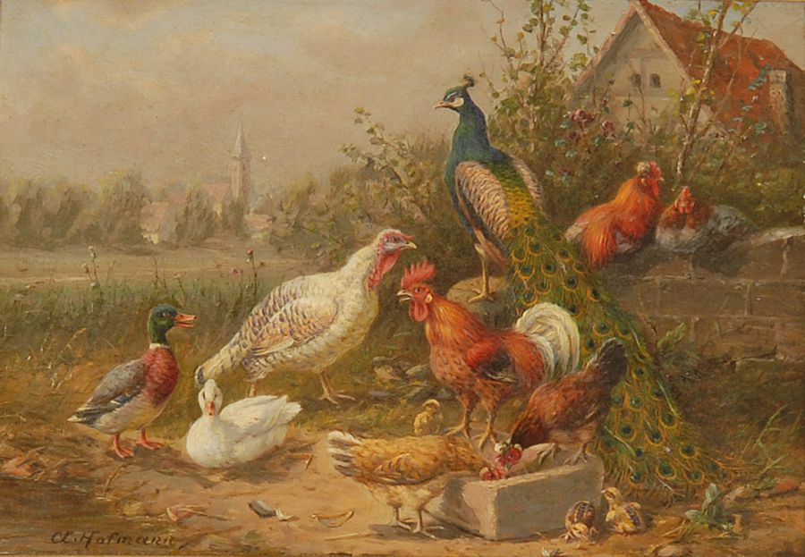 Appraisal: CHARLES C HOFMANNGerman American - Farmyard scene with peacocks ducks