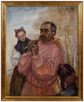 Appraisal: Hungarian School painting man playing pipe with two women in