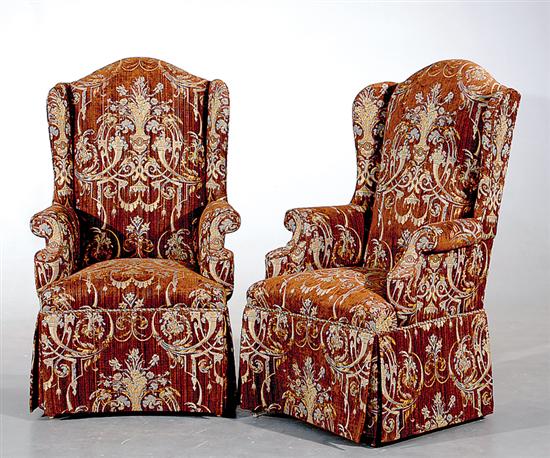 Appraisal: Pair upholstered wingback chairs Southwood th century domed crest with