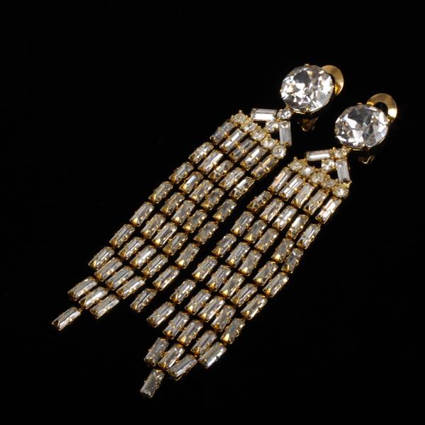 Appraisal: Schreiner Gilt Metal Clear Rhinestone Diamante Chandelier Dangle Clip Earrings