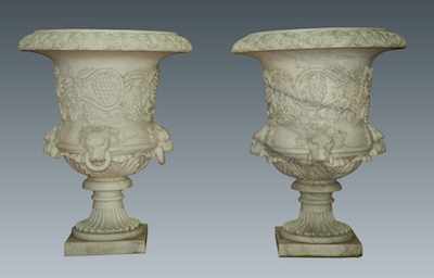 Appraisal: A Large Pair of Carved Marble Garden Urns The white