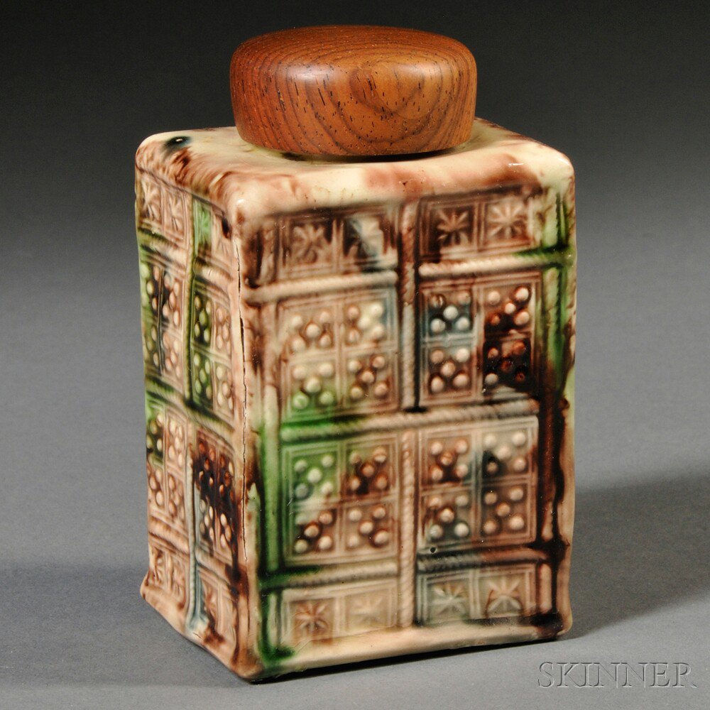 Appraisal: Staffordshire Cream-colored Earthenware Tea Canister England c rectangular with molded