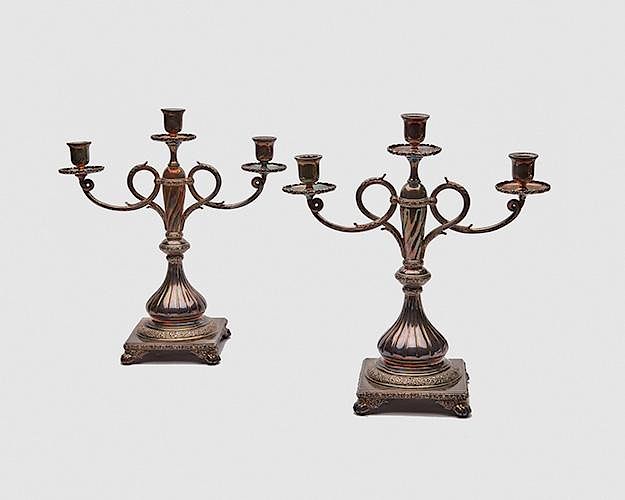 Appraisal: Pair of TIFFANY CO Silver Plate Three Light Candelabra Pair