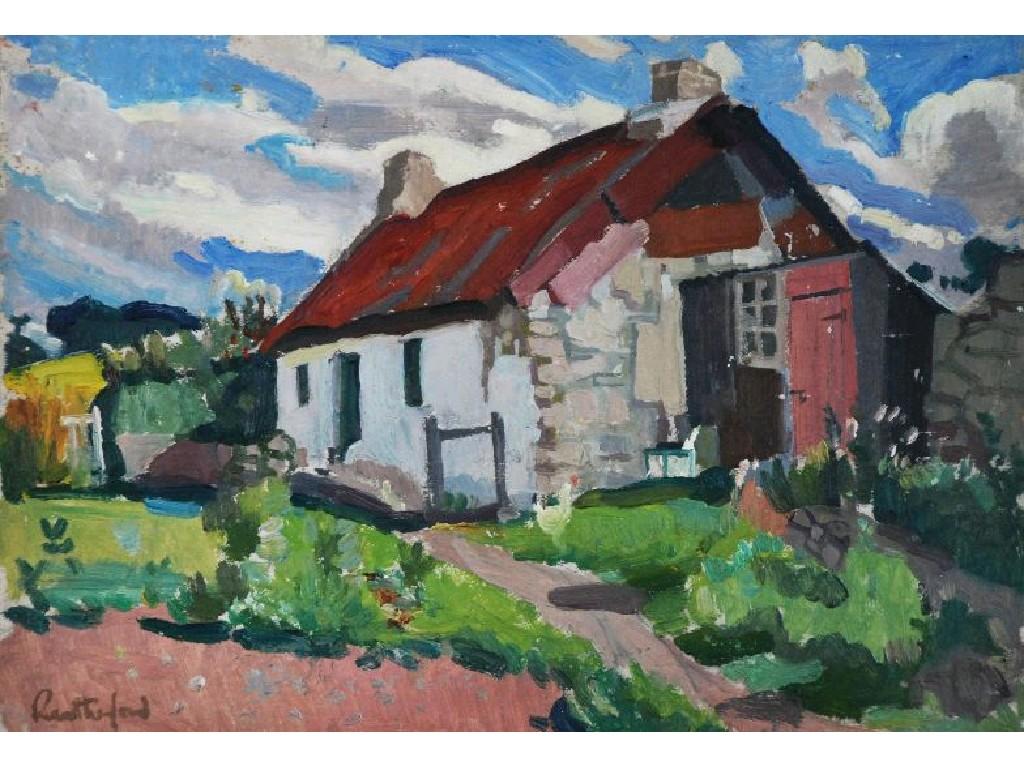 Appraisal: HARRY RUTHERFORD - OIL PAINTING ON BOARD 'White washed cottage