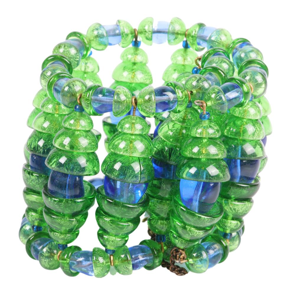 Appraisal: MIRIAM HASKELL MEMORY WIRE WIDE GREEN AND BLUE GLASS BEAD