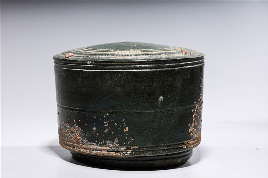 Appraisal: Chinese green glazed ceramic covered container with incised ring design