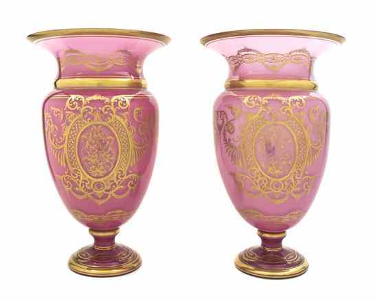 Appraisal: Two Continental Gilt Decorated Opaline Glass Urns each of baluster