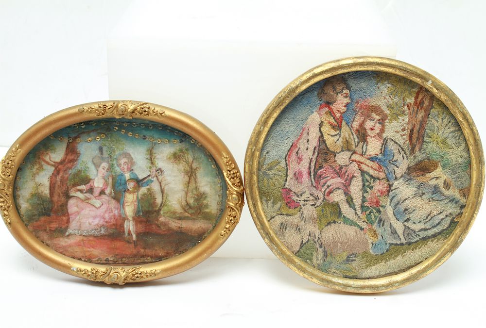 Appraisal: Courting Scene Miniatures Embroidery Gouache Two miniatures depicting courting couples