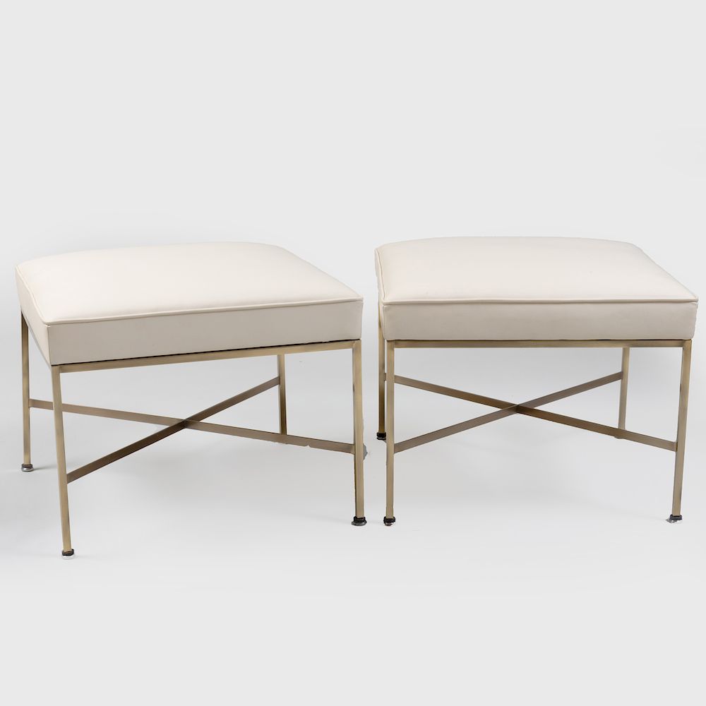 Appraisal: Pair of Mid Century Paul McCobb Brass-Mounted Leather Upholstered Stools