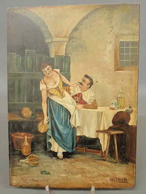 Appraisal: Continental oil on panel tavern scene signed l r Ostman