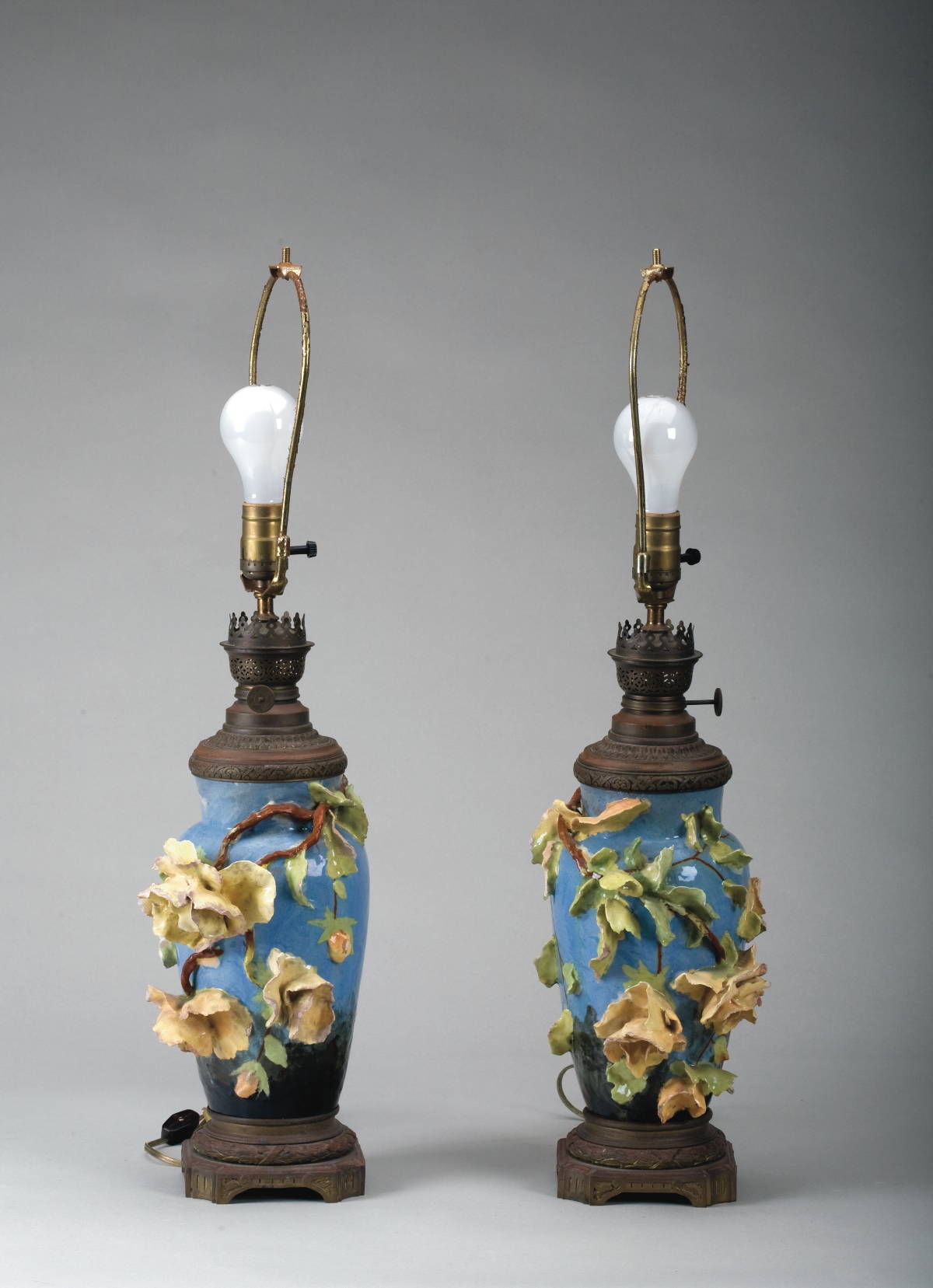 Appraisal: PAIR OF MAJOLICA STUDIO ART POTTERY VASE-FORM LAMPS Height inches