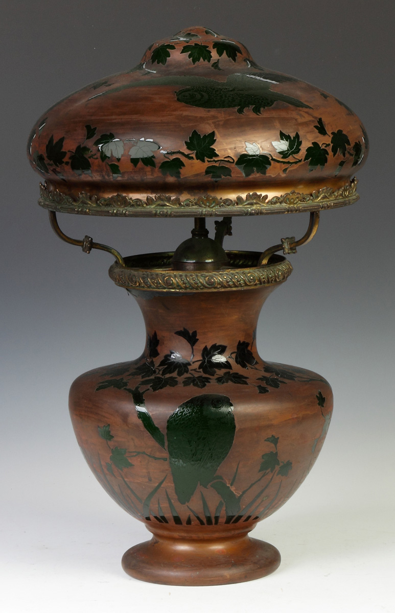 Appraisal: Unusual Lamp w Engraved Owls Landscape w Copper Overlay C