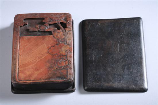 Appraisal: CHINESE INKSTONE Of rectangular-form carved with mandarin ducks and lotus