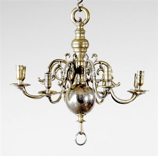 Appraisal: Silverplate brass eight-light candle chandelier th th century shaped stem