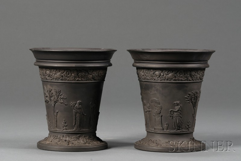 Appraisal: Pair of Wedgwood Black Basalt Vases and Covers England late