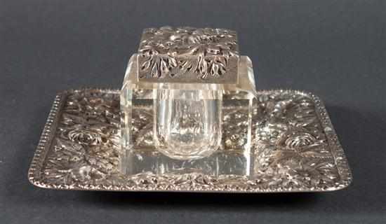 Appraisal: American repousse sterling silver and cut glass inkwell and tray