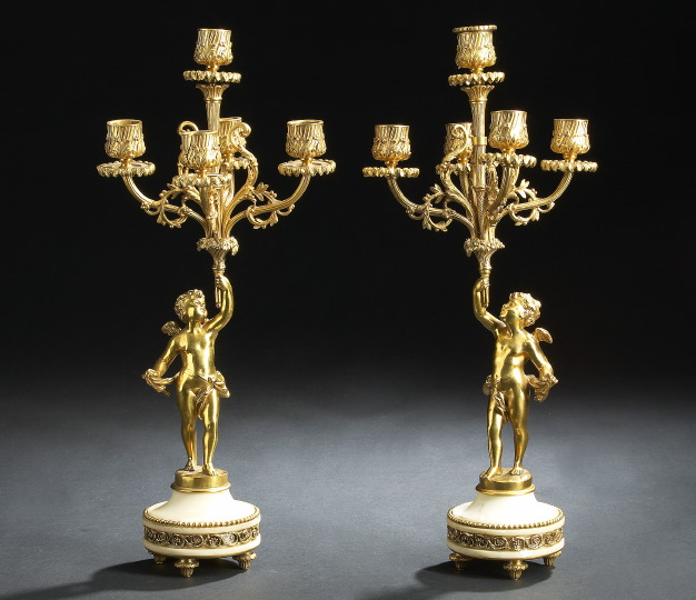 Appraisal: Pair of French Gilt-Bronze and Marble Five-Light Figural Candelabra first