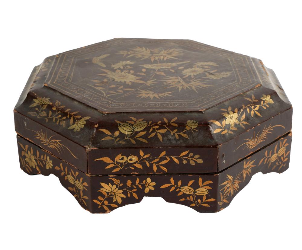 Appraisal: JAPANESE LACQUER-COVERED BOXhexagonal Provenance Property from a San Diego Estate