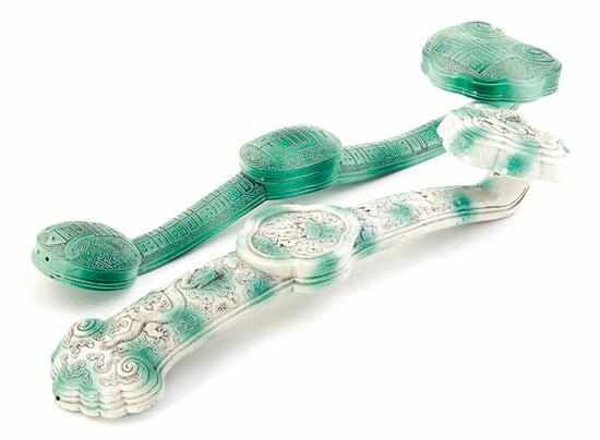 Appraisal: Chinese mottled green-glazed ruyi scepter late Qing Dynasty luck and