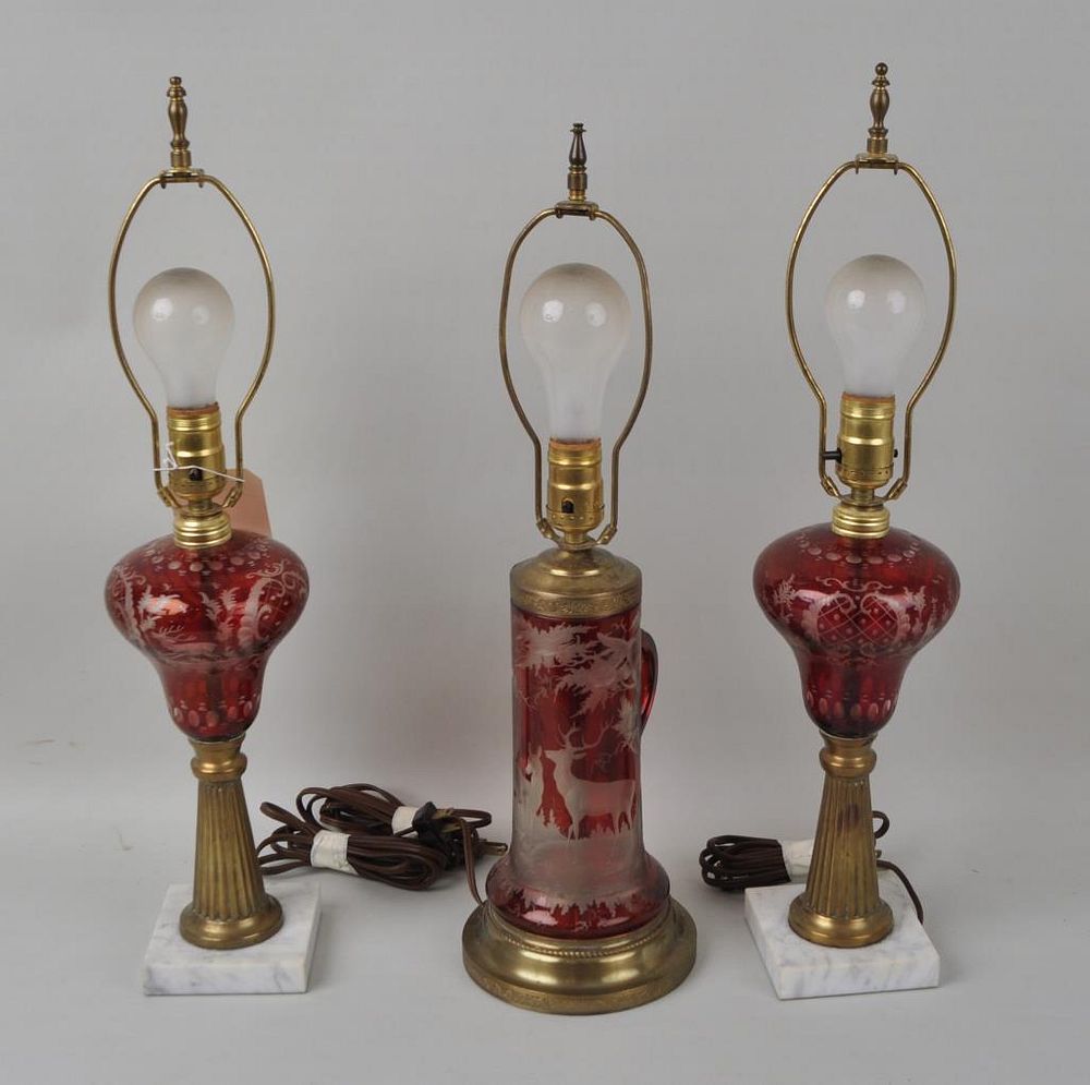 Appraisal: Three Ruby Cut to Clear Lamps comprising two converted oil