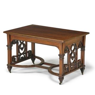 Appraisal: ENGLISH ROSEWOOD LIBRARY TABLE Supports carved with plumes and foliate