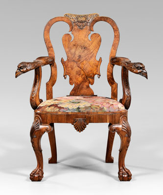 Appraisal: George II style open armchair highly figured walnut carved cr