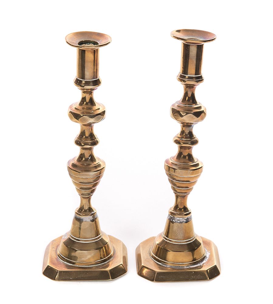 Appraisal: Early Pushup Brass Candlesticks Early Pushup Brass Candlesticks x x