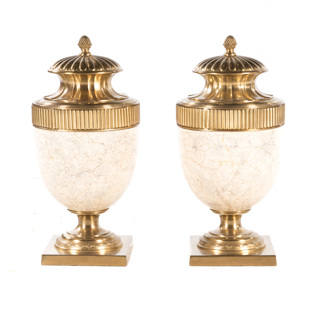 Appraisal: Pair classical style bronze and composite urns polished bronze lids