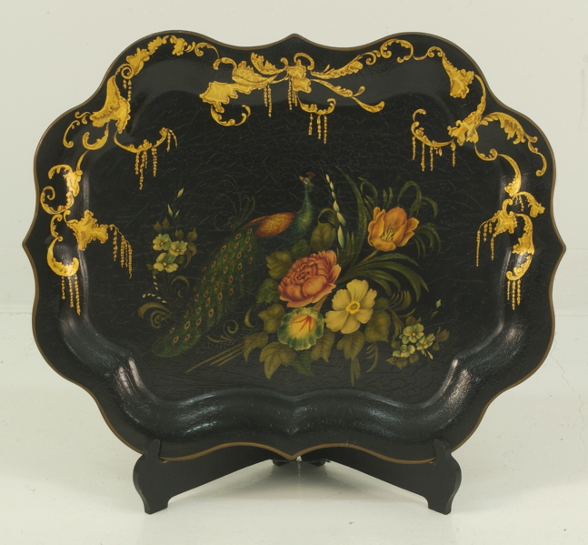 Appraisal: TOLE-DECORATED TIN TRAY American th CenturyCentral peacock with floral design