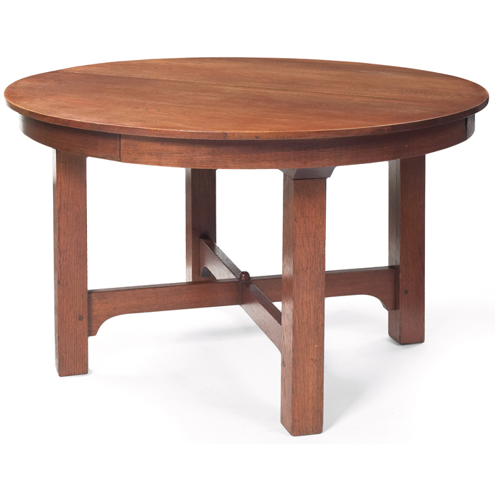 Appraisal: Gustav Stickley dining table circular top over a notched cross-stretcher