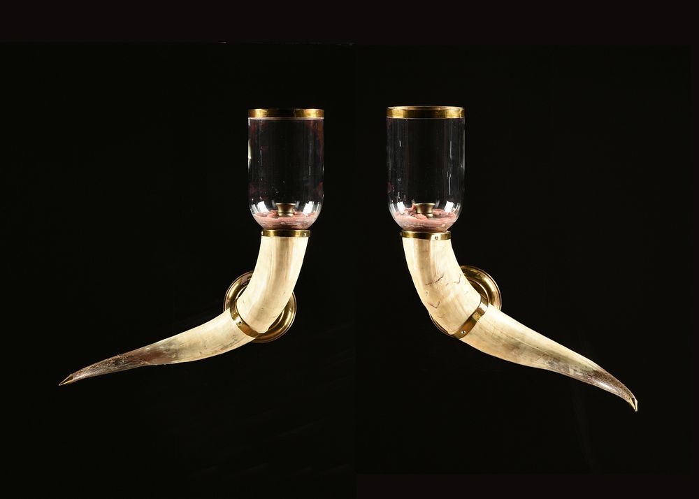 Appraisal: A PAIR OF BULL HORN BRASS AND GLASS MOUNTED SINGLE