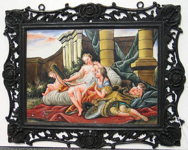 Appraisal: A pair of porcelain plaques in patinated metal frames modern