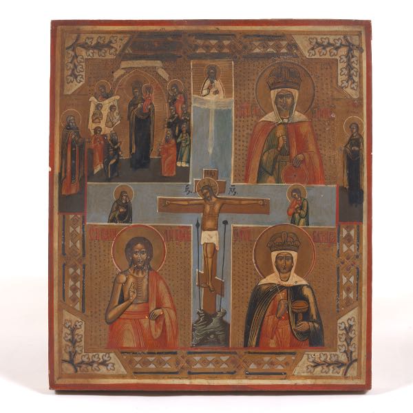 Appraisal: RUSSIAN QUADRIPARTITE ICON OF SAINT MARTYRS KATHERINE AND BARBARA x